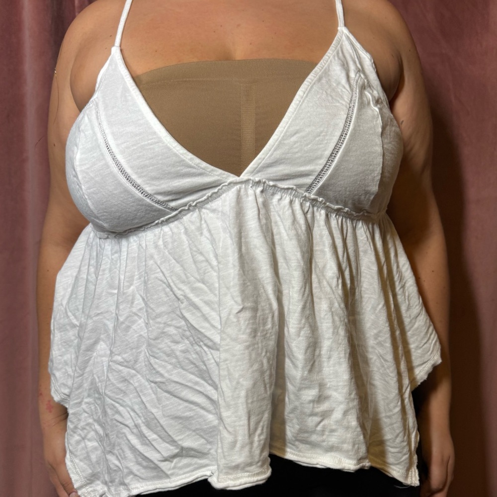 White Sleeveless V-Neck Babydoll Tank Top
